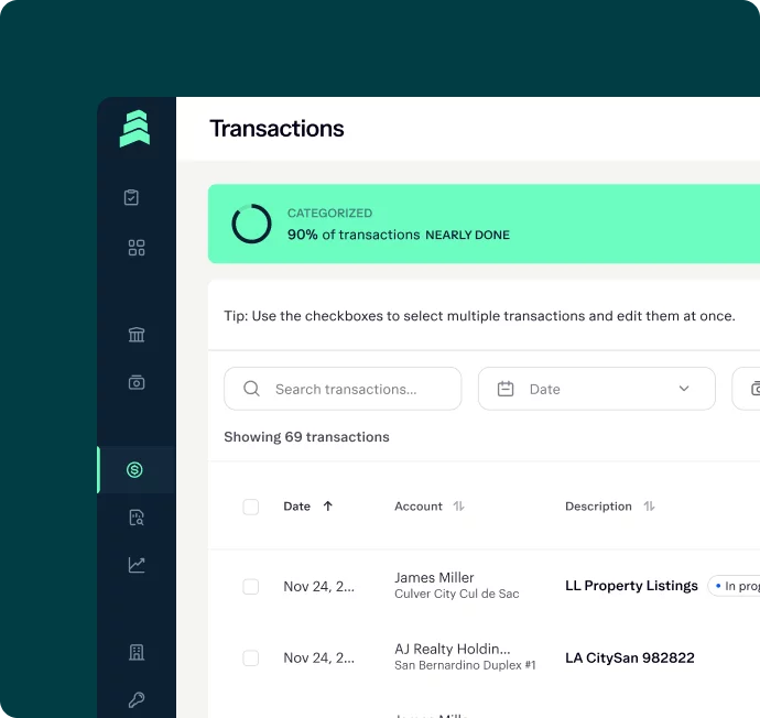 A screenshot of a financial dashboard. The header reads "Transactions" with a green progress bar indicating "90% of transactions nearly done." Below is a list of transactions with columns for date, account, description, and location.