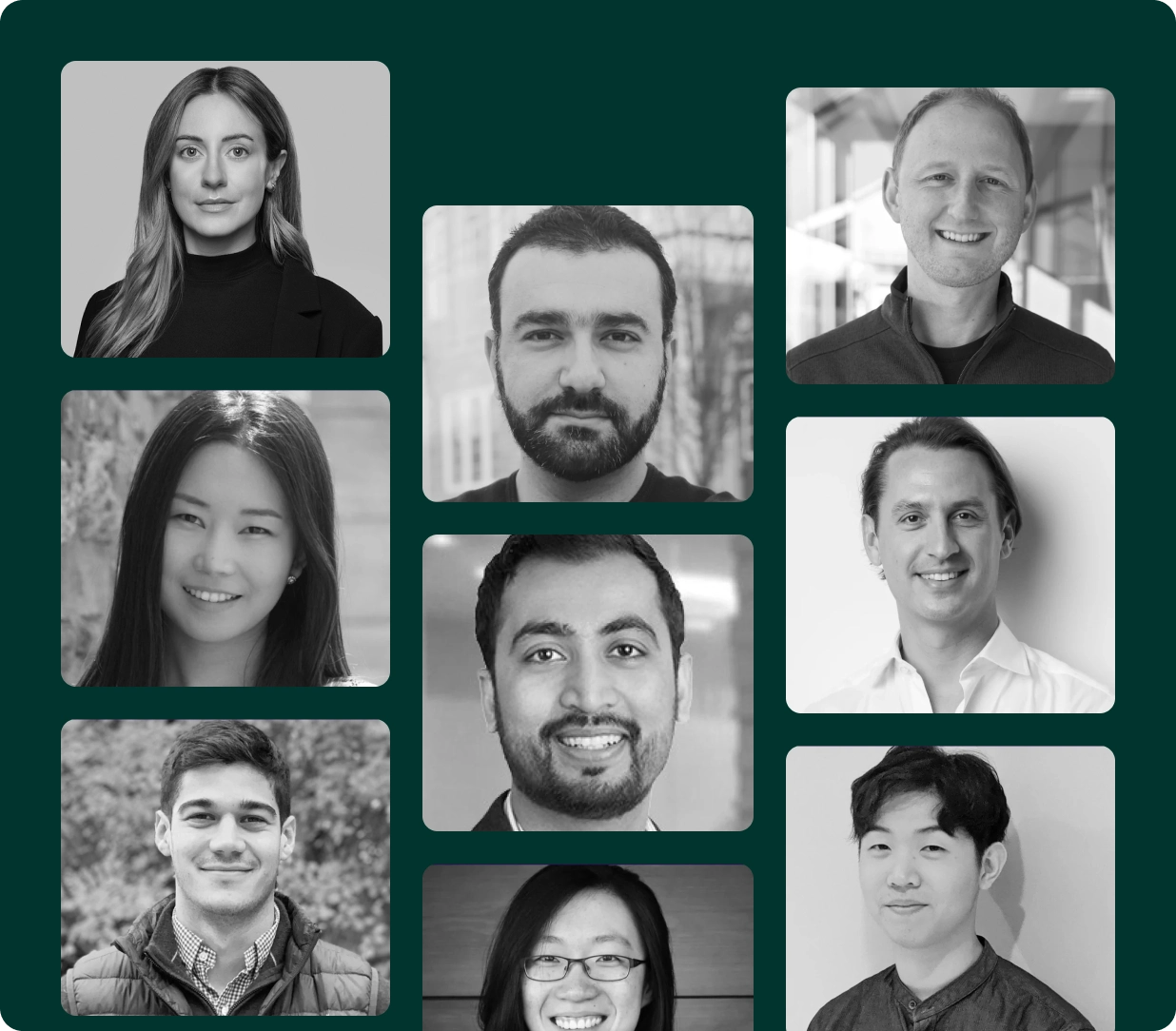 A grid of black and white headshots featuring nine people. Each person is framed in a separate square or rectangle against a teal background. The individuals vary in gender and ethnicity, all smiling or with neutral expressions.