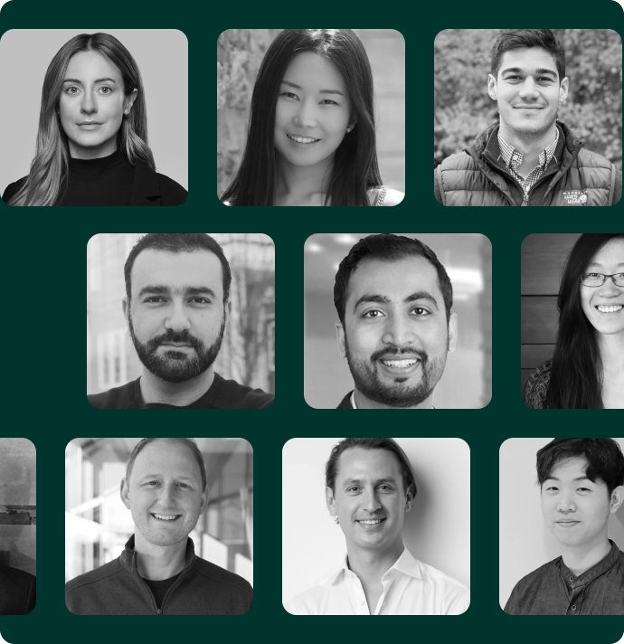 A grid of ten black-and-white portraits featuring a diverse group of people, both men and women, smiling and looking towards the camera. The background is a dark green color.