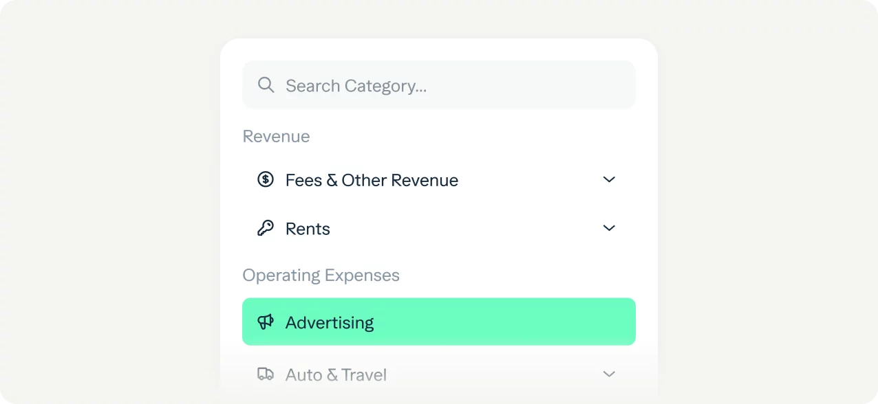 A financial management interface displaying a category search bar and options under "Revenue" and "Operating Expenses". Within "Revenue", "Fees & Other Revenue" and "Rents" are listed. Under "Operating Expenses", "Advertising" is highlighted in green.