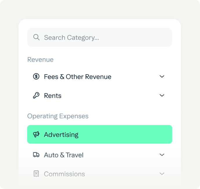 A digital interface displaying a search bar labeled "Search Category." Below it, categories such as "Fees & Other Revenue," "Rents," "Advertising," "Auto & Travel," and "Commissions" are listed. "Advertising" is highlighted in green under Operating Expenses.