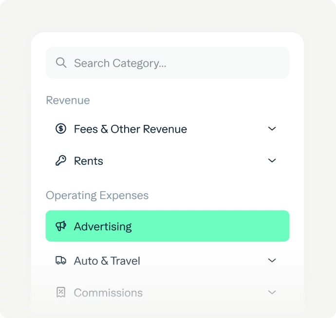 A digital interface displaying a search bar labeled "Search Category." Below it, categories such as "Fees & Other Revenue," "Rents," "Advertising," "Auto & Travel," and "Commissions" are listed. "Advertising" is highlighted in green under Operating Expenses.
