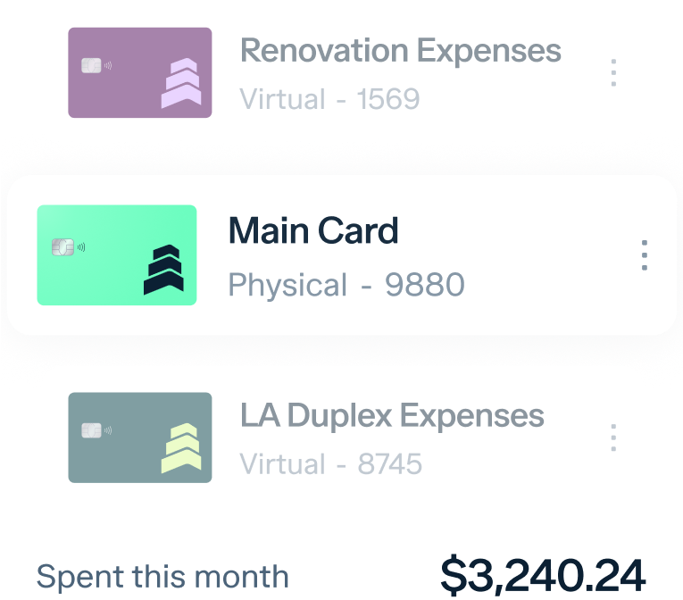 A digital interface displays three card entries: "Renovation Expenses" (Virtual - 1569), "Main Card" (Physical - 9880), and "LA Duplex Expenses" (Virtual - 8745). At the bottom, it indicates "Spent this month $3,240.24.