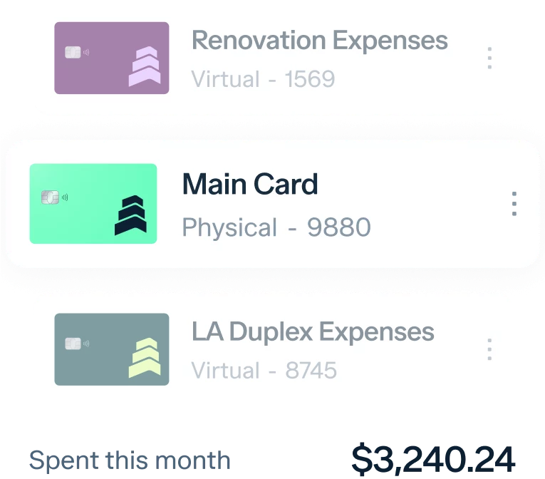 A digital interface displays three card entries: "Renovation Expenses" (Virtual - 1569), "Main Card" (Physical - 9880), and "LA Duplex Expenses" (Virtual - 8745). At the bottom, it indicates "Spent this month $3,240.24.