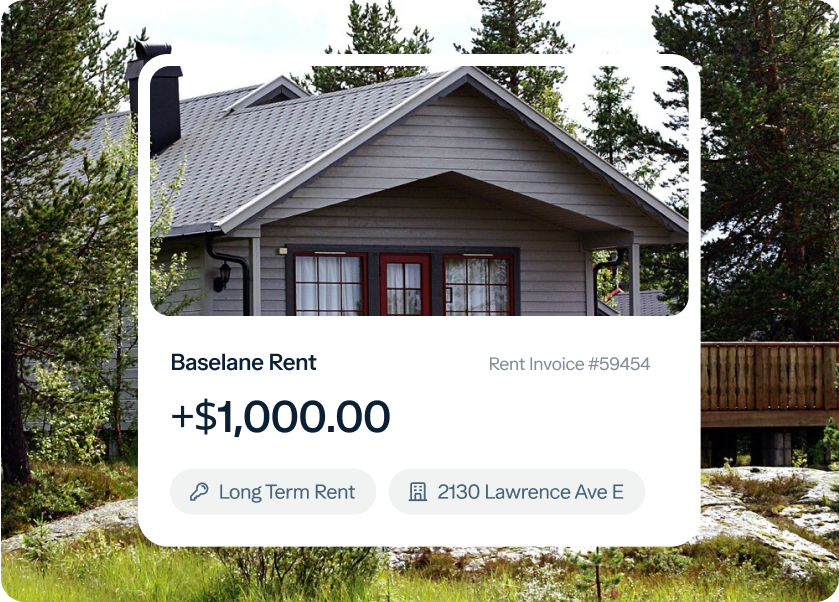 An image of a gray house in a wooded area with a rent invoice overlay. The invoice shows "Baselane Rent," "+$1,000.00," "Rent Invoice #59454," "Long Term Rent," and "2130 Lawrence Ave E.