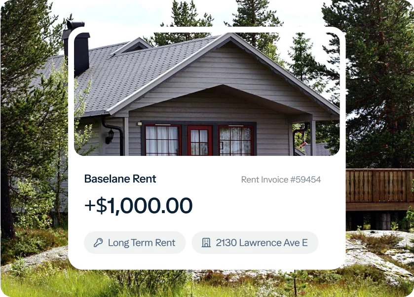 An image of a gray house in a wooded area with a rent invoice overlay. The invoice shows "Baselane Rent," "+$1,000.00," "Rent Invoice #59454," "Long Term Rent," and "2130 Lawrence Ave E.