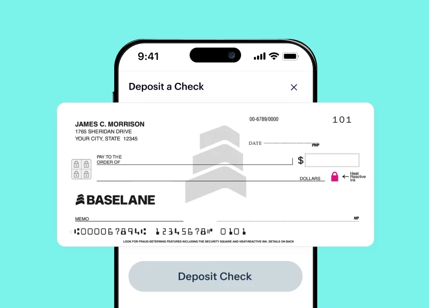 A mobile phone displaying a "Deposit a Check" screen with a check partially superimposed. The check is issued by Baseline and is addressed to James C. Morrison. The "Deposit Check" button is visible at the bottom of the phone screen.