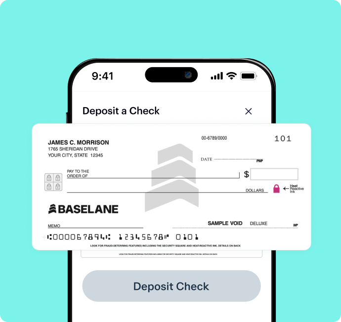 A mobile phone screen displaying a "Deposit a Check" interface. There is an image of a check from Baseline, with sample details including the name "James C. Morrison," address, check number 101, a routing number, and an account number. The deposit button is visible below.