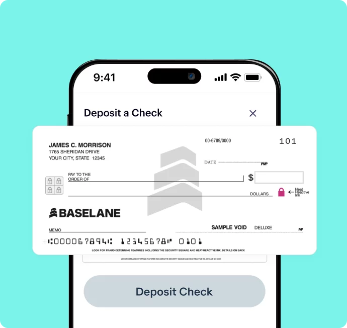 A mobile phone screen displaying a "Deposit a Check" interface. There is an image of a check from Baseline, with sample details including the name "James C. Morrison," address, check number 101, a routing number, and an account number. The deposit button is visible below.