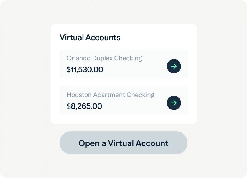 A screenshot displays a webpage section titled "Virtual Accounts" with two account options: "Orlando Duplex Checking" showing a balance of $11,530.00, and "Houston Apartment Checking" with $8,265.00. Below is a button labeled "Open a Virtual Account".