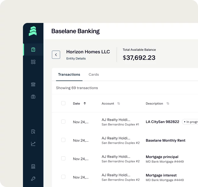 A screen capture of a banking app interface from "Baselane Banking." The page shows the account "Horizon Homes LLC" with a total available balance of $37,692.23. It is displaying a transactions list with entries dated November 24, 2021, related to realty and mortgage payments.