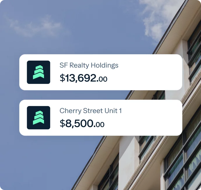 Image showing a graphic overlay on a building facade. The overlay has two entries: "SF Realty Holdings $13,692.00" and "Cherry Street Unit 1 $8,500.00." Both entries feature a green upward arrow logo. The sky is clear in the background.