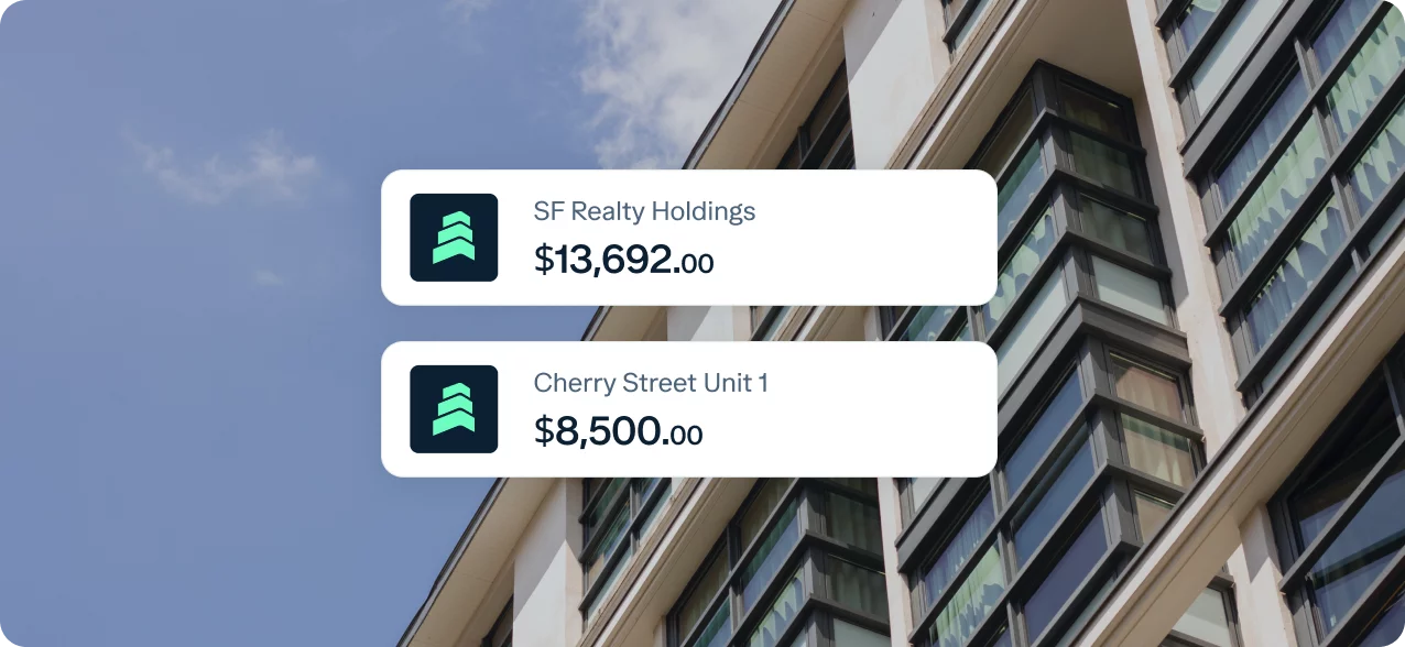 A modern apartment building is shown in the background, with two overlaying white text boxes displaying information. The first box reads "SF Realty Holdings $13,692.00," and the second box reads "Cherry Street Unit 1 $8,500.00." Both boxes have an icon resembling a rising graph.