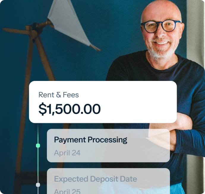 A smiling older man with glasses stands next to a lamp and blue wall. Overlaid text shows "Rent & Fees $1,500.00" along with payment processing details and expected deposit date in a digital interface style.