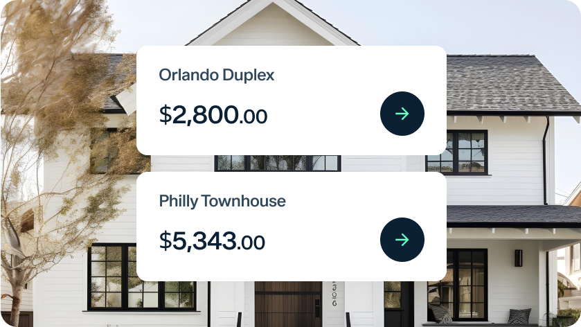 A modern white house with black trim and a gabled roof. Two labels overlay the image: "Orlando Duplex $2,800.00" and "Philly Townhouse $5,343.00" with right-pointing arrows next to each.