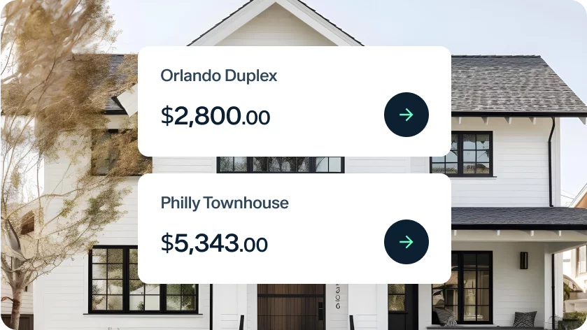A modern white house with black trim and a gabled roof. Two labels overlay the image: "Orlando Duplex $2,800.00" and "Philly Townhouse $5,343.00" with right-pointing arrows next to each.