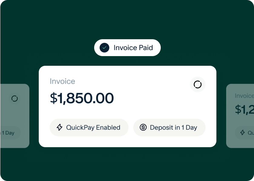 A digital notification displaying an "Invoice Paid" message with a checkmark. The invoice amount is $1,850.00. Icons indicate that QuickPay is enabled and the deposit will occur in 1 day.