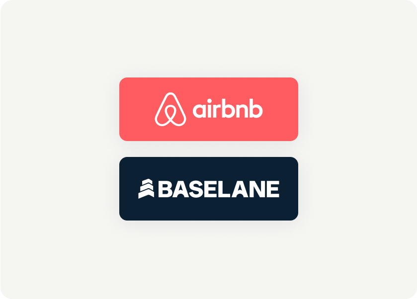 The image shows two logos stacked vertically. The top logo is for Airbnb, featuring its recognizable symbol with the word "airbnb" in lowercase on a coral background. The bottom logo is for Baselane, featuring an abstract symbol with the word "BASELANE" in uppercase on a navy background.