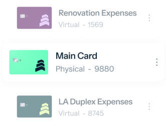 Image showing three card representations. Top card: "Renovation Expenses," a virtual card ending in 1569. Middle card: "Main Card," a physical card ending in 9880. Bottom card: "LA Duplex Expenses," a virtual card ending in 8745.