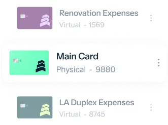 Image showing three card representations. Top card: "Renovation Expenses," a virtual card ending in 1569. Middle card: "Main Card," a physical card ending in 9880. Bottom card: "LA Duplex Expenses," a virtual card ending in 8745.