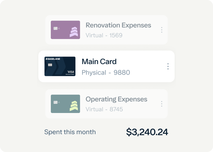 A digital display showing a list of three expense cards: "Renovation Expenses" (Virtual - 1569), "Main Card" (Physical - 9880), and "Operating Expenses" (Virtual - 8745). Below the list, text reads "Spent this month $3,240.24".