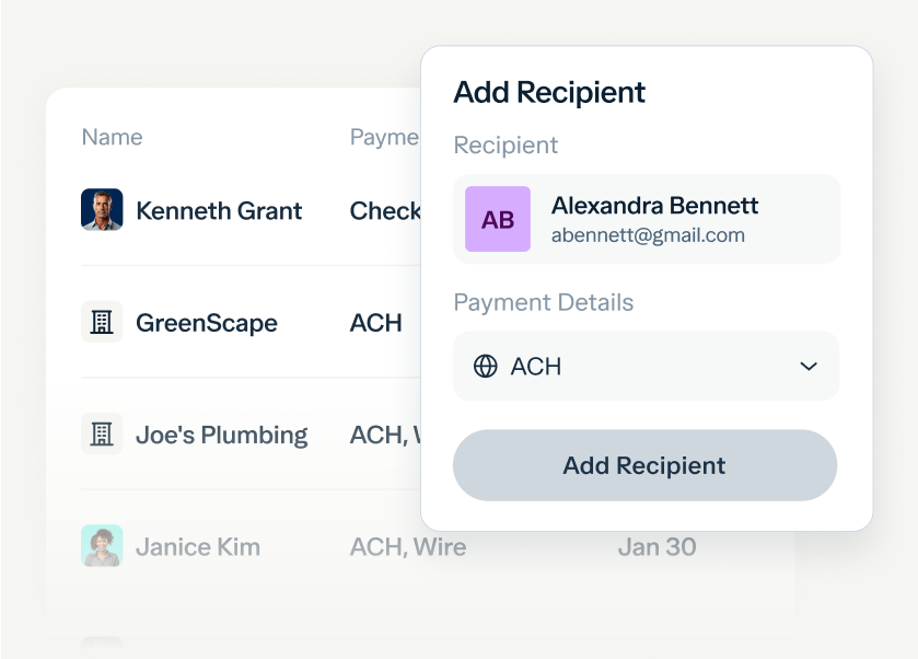 A digital interface for adding a payment recipient. Kenneth Grant and other recipients are listed on the left. The "Add Recipient" panel on the right shows Alexandra Bennett's profile, including email address and payment method dropdown set to ACH, with an "Add Recipient" button.