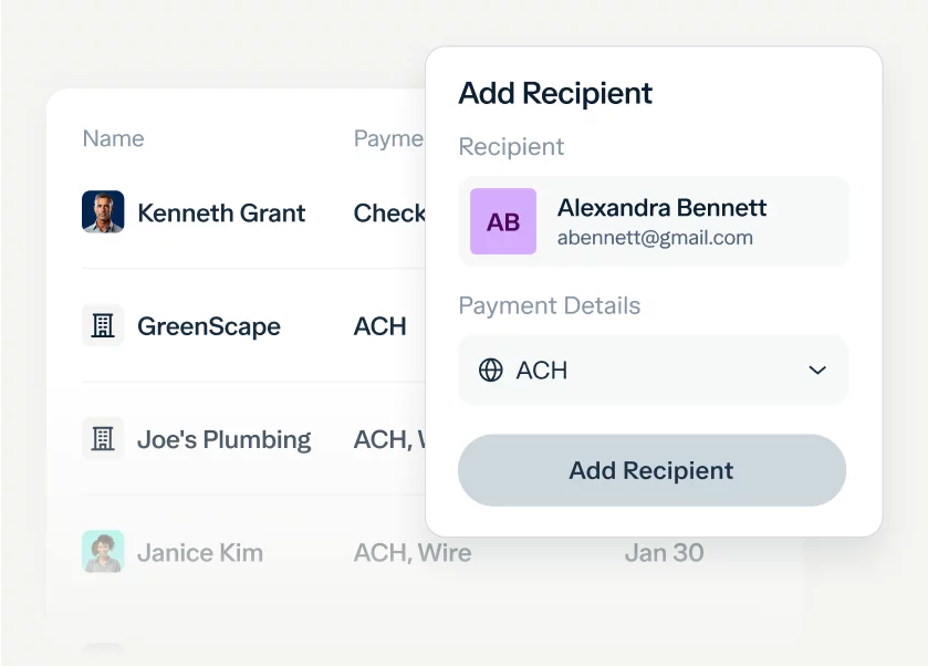 A digital interface for adding a payment recipient. Kenneth Grant and other recipients are listed on the left. The "Add Recipient" panel on the right shows Alexandra Bennett's profile, including email address and payment method dropdown set to ACH, with an "Add Recipient" button.
