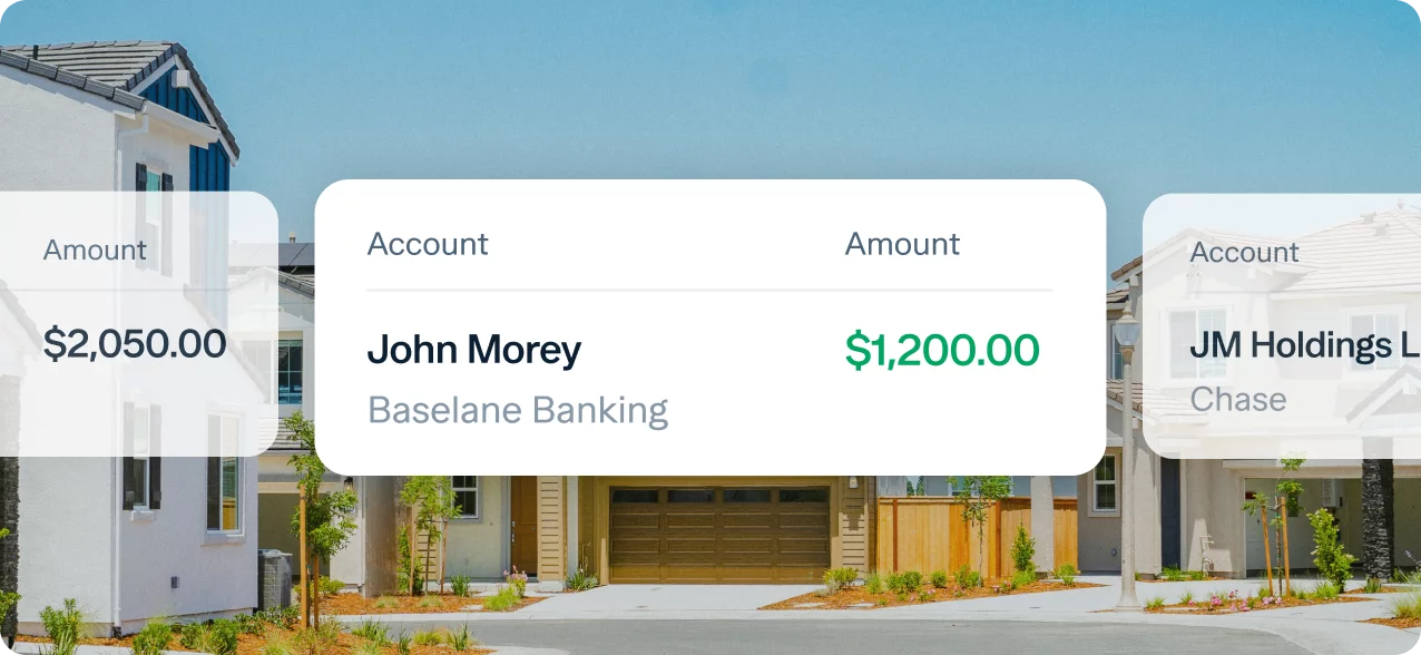 A screenshot of a financial app interface displaying account balances over a background image of a suburban neighborhood. The central account lists "John Morey, Baselane Banking" with a balance of $1,200.00. Other accounts show amounts of $2,050.00 and $0.