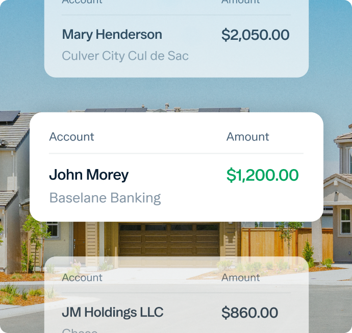 A digital interface displays account balances: Mary Henderson with $2,050.00, John Morey with $1,200.00 from Baselane Banking, and JM Holdings LLC with $860.00. A suburban neighborhood with houses is seen in the background.