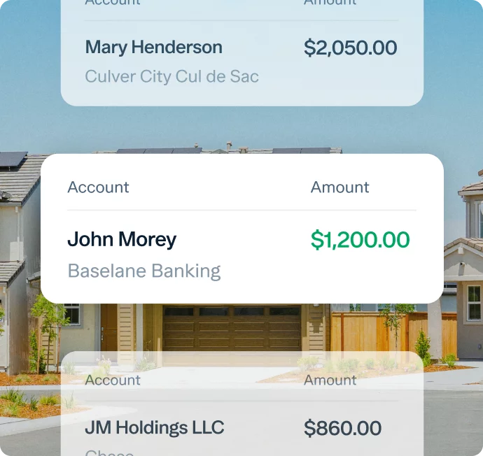A digital interface displays account balances: Mary Henderson with $2,050.00, John Morey with $1,200.00 from Baselane Banking, and JM Holdings LLC with $860.00. A suburban neighborhood with houses is seen in the background.