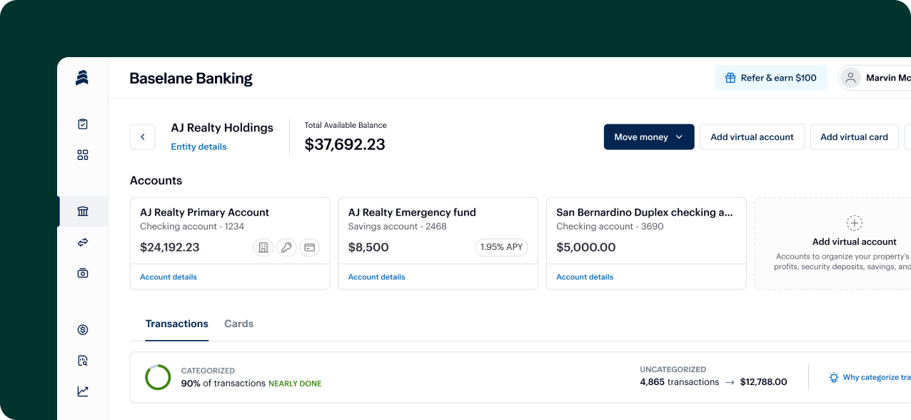 A screenshot of a Baseline Banking dashboard displaying account information. It shows the total available balance of $37,692.23 for AJ Realty Holdings. Below, there are sections for various accounts, including balances, APY percentages, and transaction details.