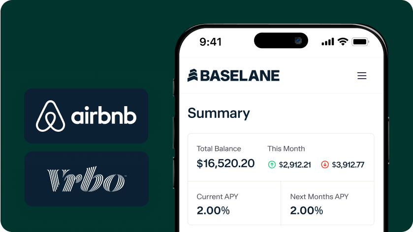 A smartphone screen showing the financial app BaseLane, displaying a summary with a total balance of $16,520.20 and transactions of $2,912.21 and $3,912.77. Adjacent logos of Airbnb and Vrbo are also visible, indicating integration with these services.