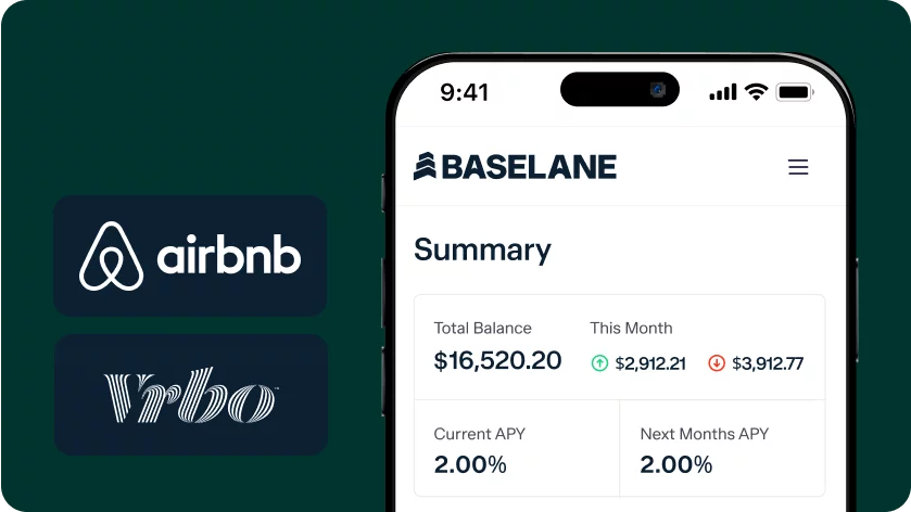 A smartphone screen showing the financial app BaseLane, displaying a summary with a total balance of $16,520.20 and transactions of $2,912.21 and $3,912.77. Adjacent logos of Airbnb and Vrbo are also visible, indicating integration with these services.