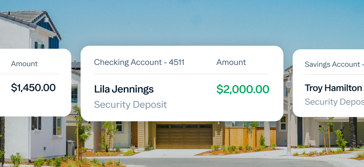 A screenshot of a bank transaction shows three account details: $1,450 in a checking account, $2,000 in Lila Jennings's checking account as a security deposit, and an unspecified amount in Troy Hamilton's savings account also for a security deposit. The background features houses under a clear blue sky.