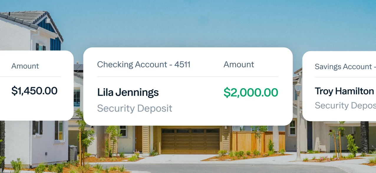 A screenshot of a bank transaction shows three account details: $1,450 in a checking account, $2,000 in Lila Jennings's checking account as a security deposit, and an unspecified amount in Troy Hamilton's savings account also for a security deposit. The background features houses under a clear blue sky.