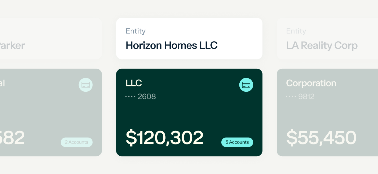 A user interface screen displays financial information. The screen highlights an entity named Horizon Homes LLC with a balance of $120,302 across 5 accounts, and part of details from other entities (LA Realty Corp) and accounts.