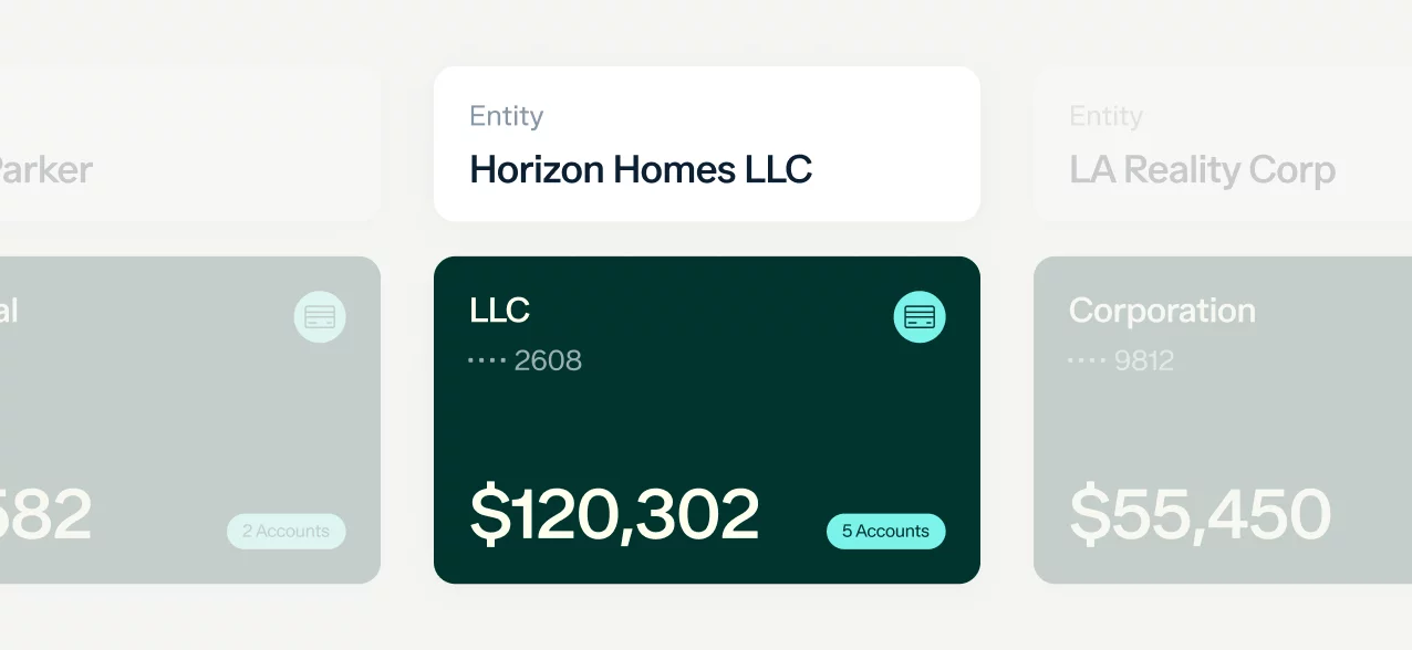 A user interface screen displays financial information. The screen highlights an entity named Horizon Homes LLC with a balance of $120,302 across 5 accounts, and part of details from other entities (LA Realty Corp) and accounts.