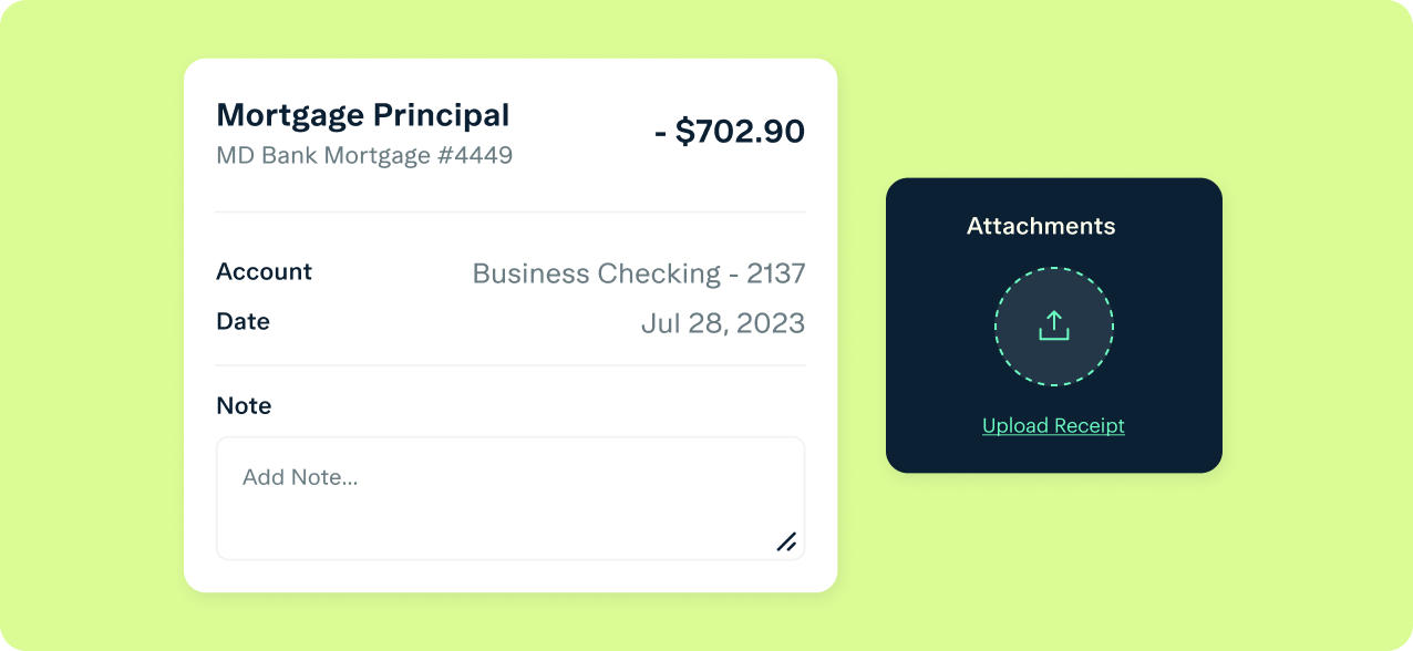 A screenshot of a transaction summary showing a payment of $702.90 for "Mortgage Principal" from account "Business Checking - 2137" on July 28, 2023. There is an option to add a note and a section for uploading a receipt under "Attachments." The background is light green.