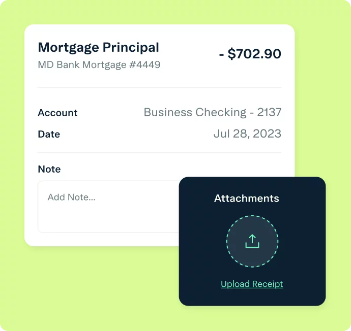 A digital interface displaying a mortgage principal payment of $702.90 from MD Bank Mortgage #4449. Payment details include: Account - Business Checking 2137, Date - Jul 28, 2023. There's a section to add notes and an "Attachments" section with an "Upload Receipt" button.
