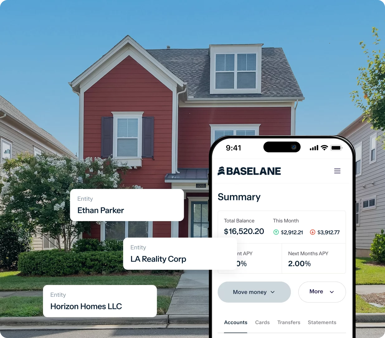 A smartphone displaying the Basellane app is superimposed on an image of a two-story red house with white trim. The app interface shows financial information and account details, while labels for "Ethan Parker," "LA Reality Corp," and "Horizon Homes LLC" float nearby.