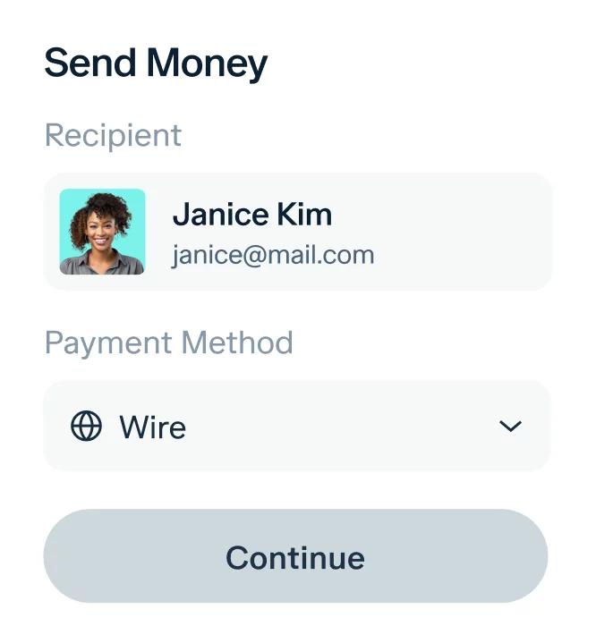 A "Send Money" interface screen showing recipient details with a photo, name "Janice Kim," and email "janice@mail.com." The payment method is set to "Wire," and below it, there is a grey "Continue" button.