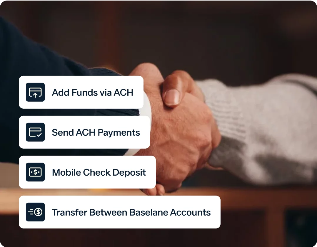 Two people shaking hands in the background. Overlayed text lists financial services: "Add Funds via ACH," "Send ACH Payments," "Mobile Check Deposit," and "Transfer Between Baselane Accounts.