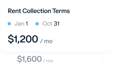 An image displaying rent collection terms. The terms indicate rent collection from January 1 to October 31 with a monthly rent amount of $1,200 above another term displaying a monthly rent amount of $1,600.