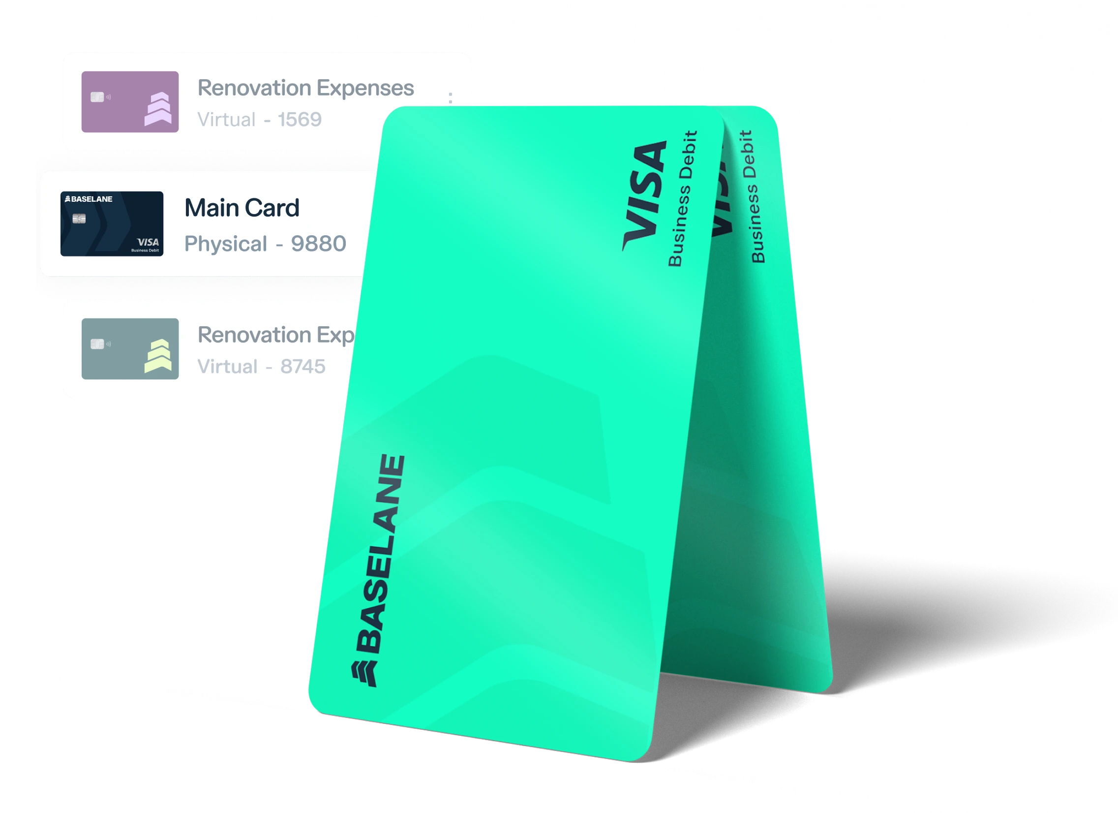 A green Baseline Visa business debit card is shown with two other card graphics: "Renovation Expenses" and "Main Card Physical." Labels indicate "Virtual" or "Physical" with varying numbers.
