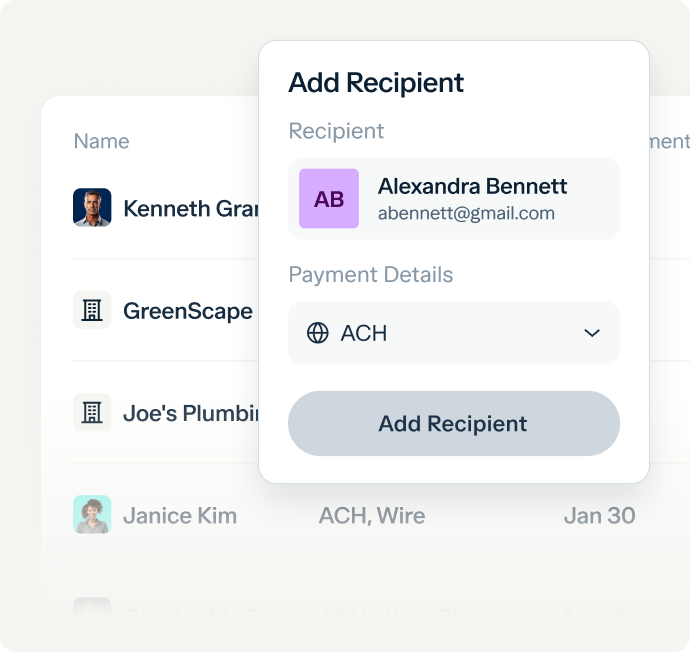 Popup screen on a payment platform showing the option to add a recipient. The popup lists "Alexandra Bennett" with an email address. The payment method is set to ACH. The background shows a list of recipients, including Kenneth, GreenScape, Joe's Plumbing, and Janice Kim.