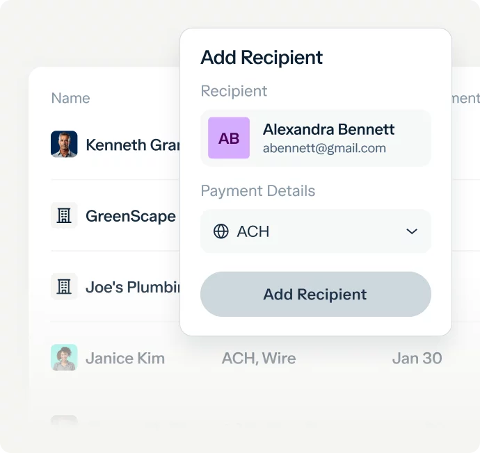 Popup screen on a payment platform showing the option to add a recipient. The popup lists "Alexandra Bennett" with an email address. The payment method is set to ACH. The background shows a list of recipients, including Kenneth, GreenScape, Joe's Plumbing, and Janice Kim.
