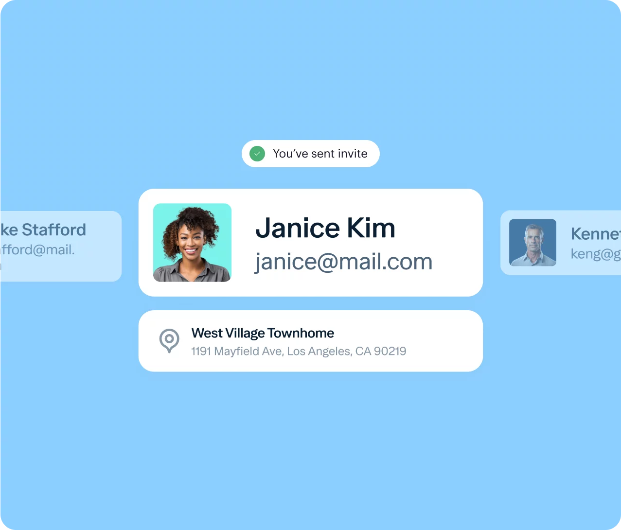 Screenshot of a contact card over a light blue background. The highlighted contact is "Janice Kim" with an email address "janice@mail.com". Below the email, there is a location pin indicating "West Village Townhome, 1191 Mayfield Ave, Los Angeles, CA 90219." A message on top says, "You've sent invite.