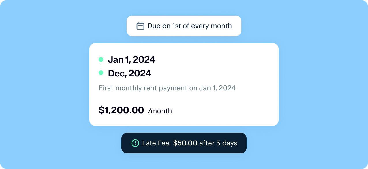 A blue reminder notice stating that rent of $1,200.00 is due on the 1st of every month, starting from January 1, 2024, to December 2024. A late fee of $50.00 applies if payment is more than 5 days late.