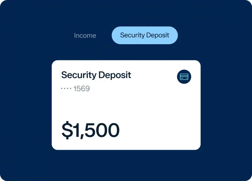 A digital screenshot displaying a financial transaction labeled "Security Deposit." The account number shows the last four digits as 1569. The deposit amount is $1,500. The screen design features a dark blue background with light blue and white text elements.