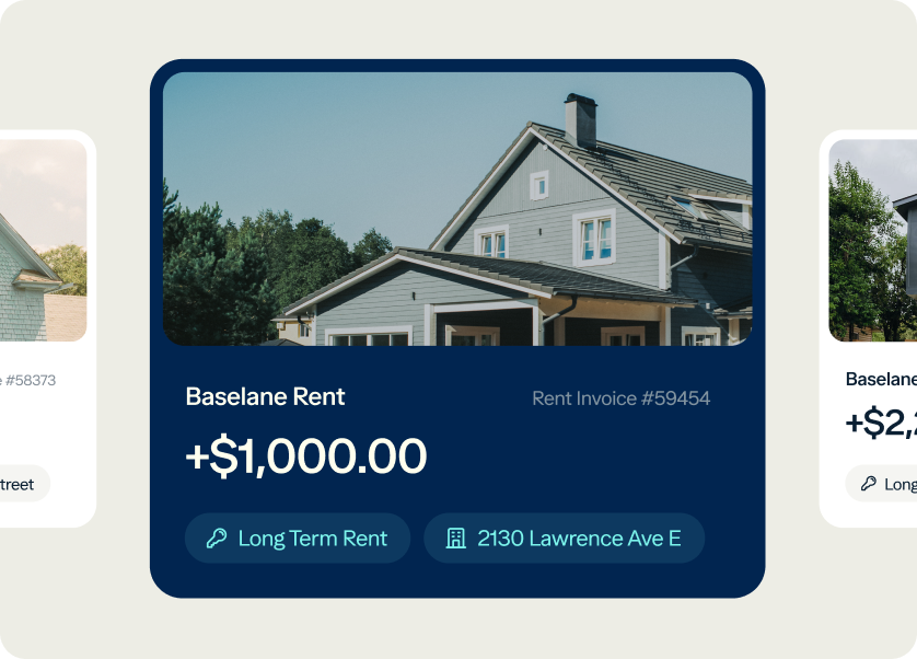 A digital card displays a photo of a two-story blue house with a white roof. Below the photo, it shows "Baselane Rent," an amount of "+$1,000.00," and "Rent Invoice #59454." Icons for "Long Term Rent" and "2130 Lawrence Ave E" are also shown on the card.